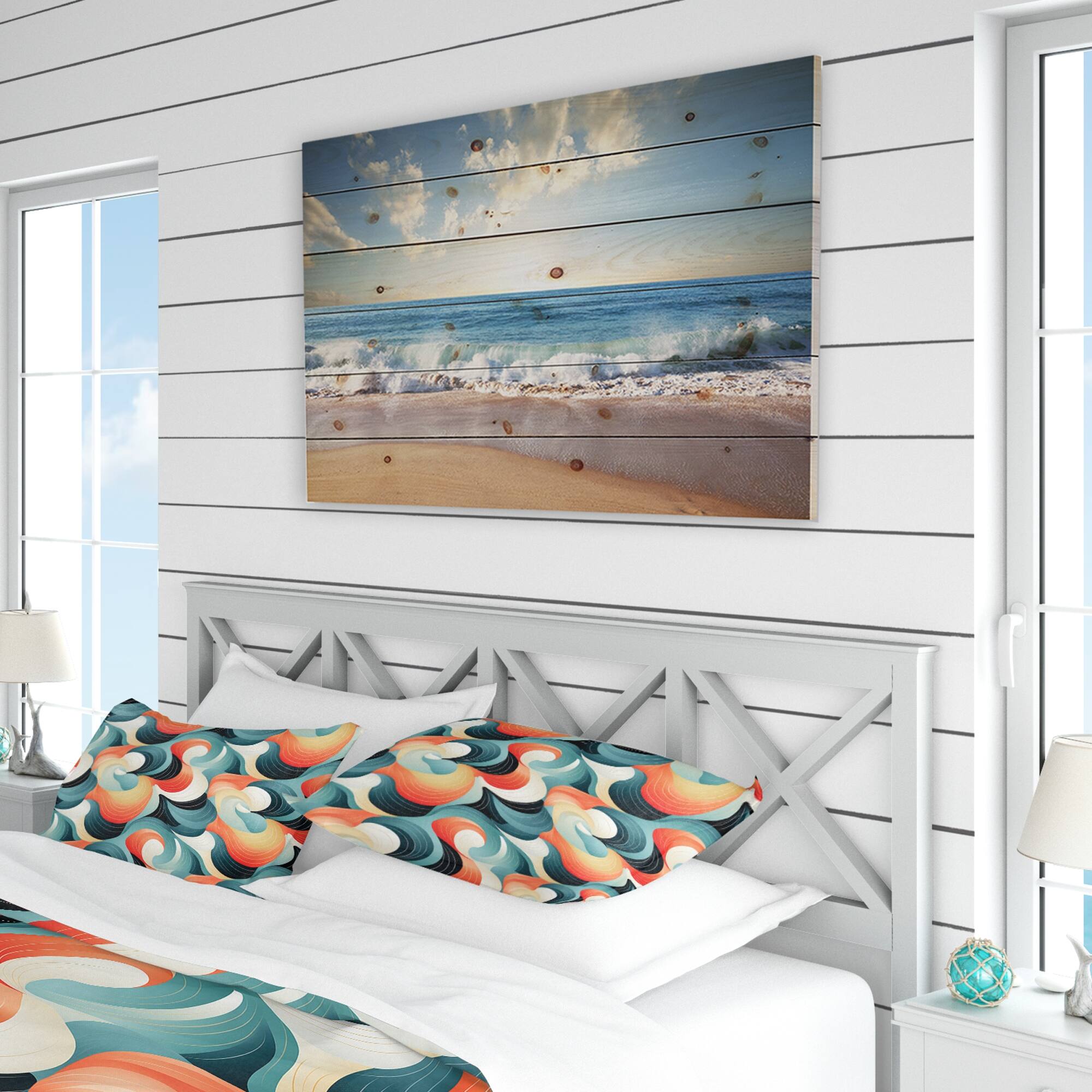 Designart "Orange And Green Geometric Ripples Patterns" Teal Abstract